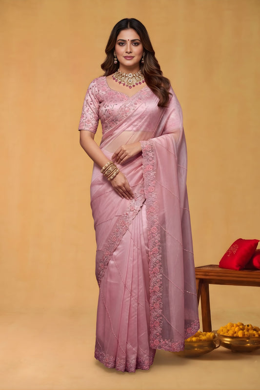 Pink Organza Silk Saree Floral Embroidered Border Designer Blouse