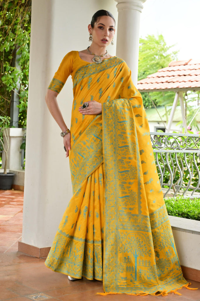 Elegant Mustard Yellow Cotton Silk Saree with Traditional Woven Border 