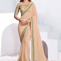 Beige Georgette Saree with Gold Embroidered Border Designer Blouse