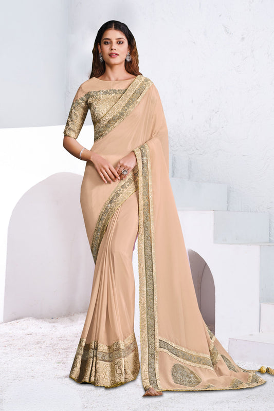 Beige Georgette Saree with Gold Embroidered Border Designer Blouse