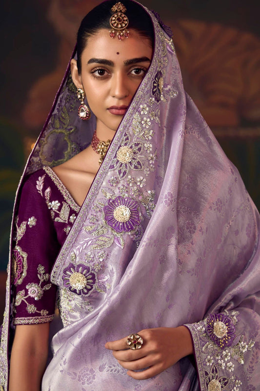 Lavender Silk Saree and Contrasting Wine Blouse