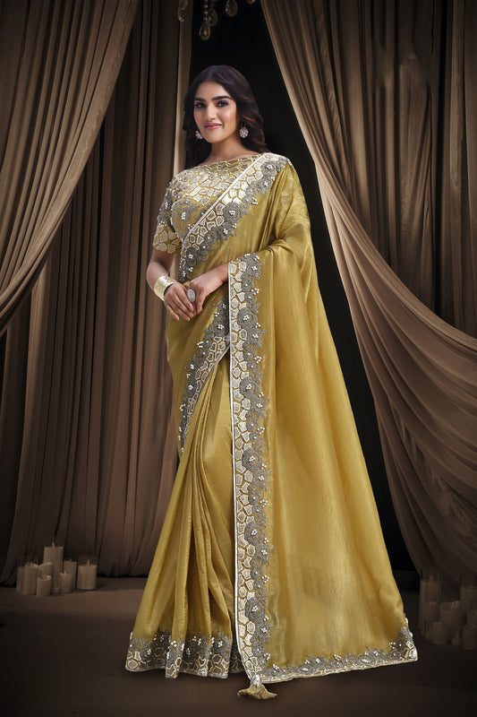 Golden Silk Saree with Heavy Embroidered Border Designer Blouse