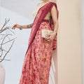 Peach Pink Floral Printed Designer Saree with Contrast Border