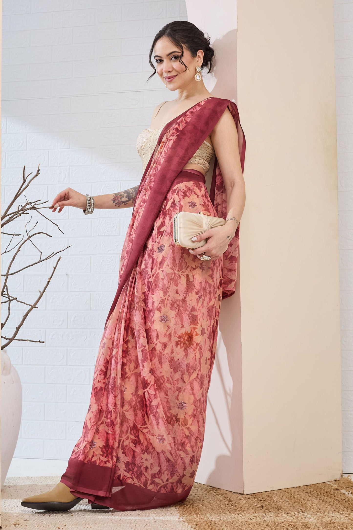 Peach Pink Floral Printed Designer Saree with Contrast Border