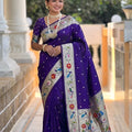 Deep Purple Floral Woven Linen Silk Saree Designer Peacock Border