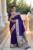 Deep Purple Floral Woven Linen Silk Saree Designer Peacock Border