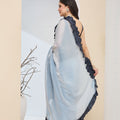 Sky Blue Organza Ready To Wear Saree Designer Black Ruffle Border