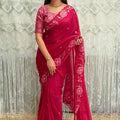 Rani Pink Organza Saree Floral Embroidery Designer Blouse 