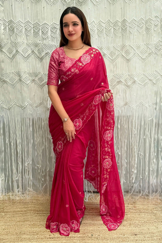 Rani Pink Organza Saree Floral Embroidery Designer Blouse 