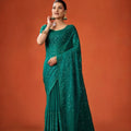 Green Sequin Embellished Georgette Saree with Scalloped Border