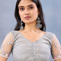 Elegant Grey Floral Embroidered Net Saree with Designer Border