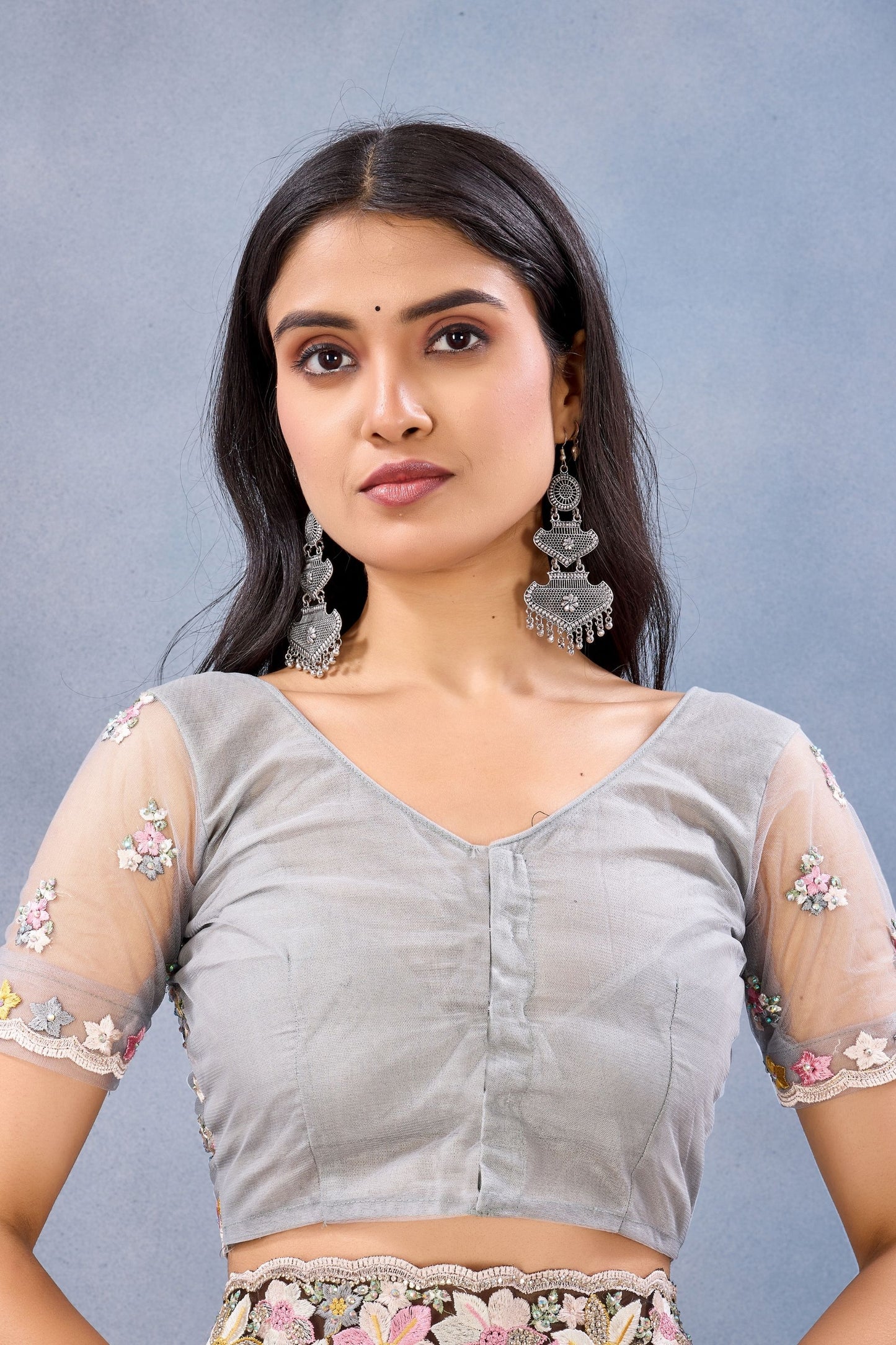 Elegant Grey Floral Embroidered Net Saree with Designer Border