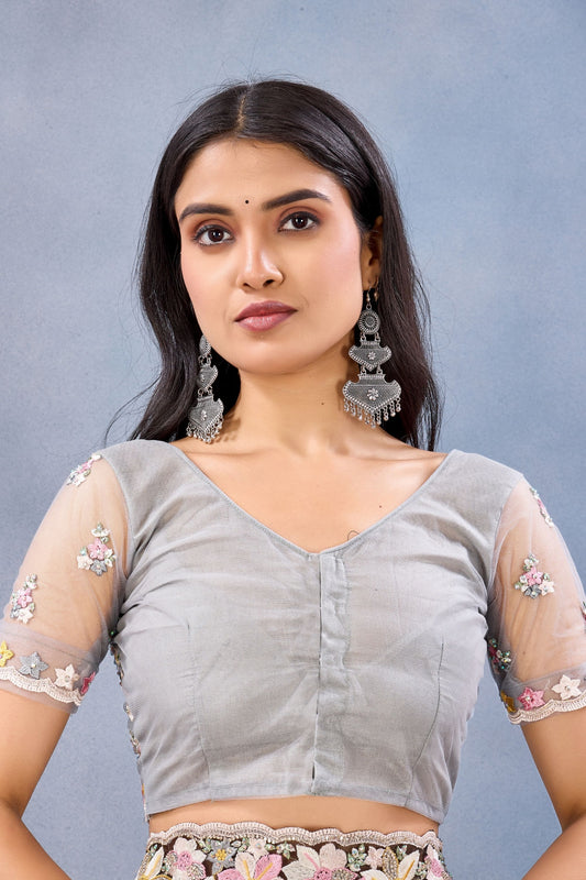 Elegant Grey Floral Embroidered Net Saree with Designer Border