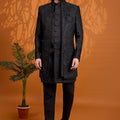 Stylish Black Indo Western Sherwani for Men Designer Jacquard Jacket