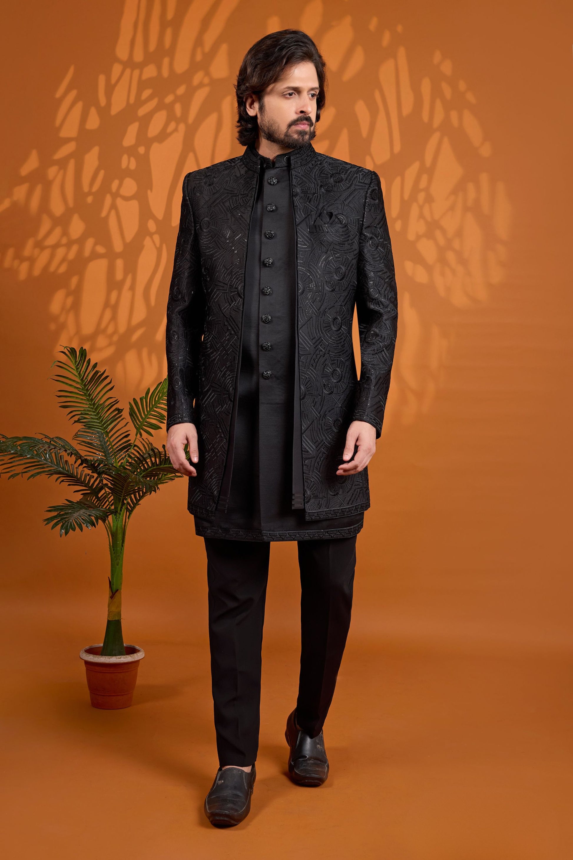 Stylish Black Indo Western Sherwani for Men Designer Jacquard Jacket