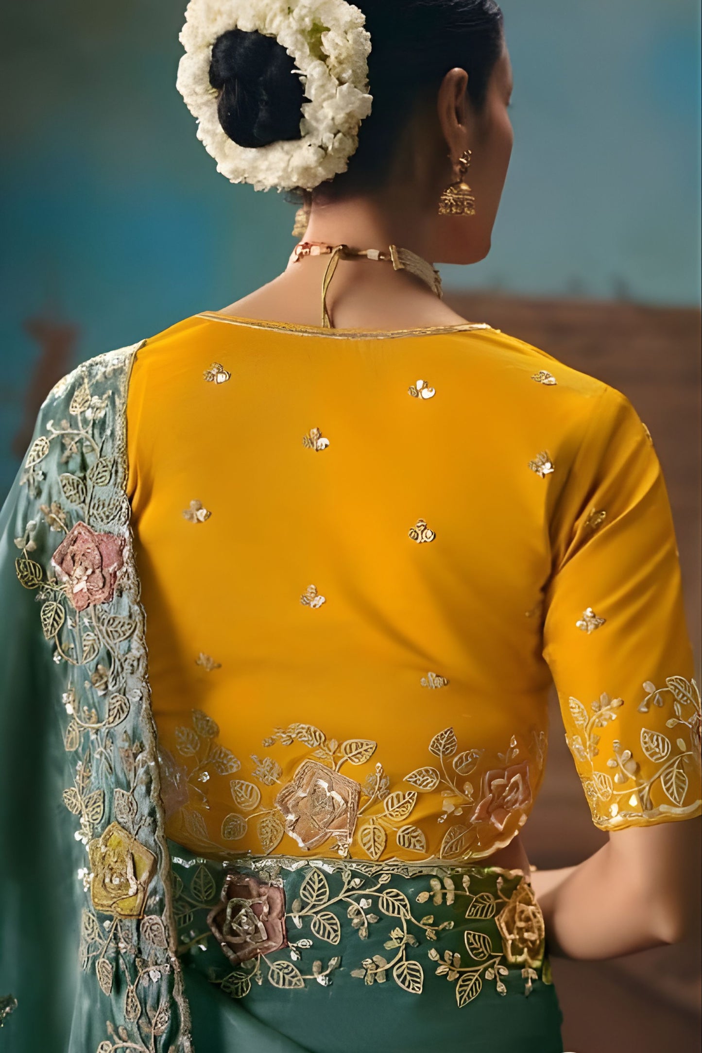 Teal Green Designer Saree with Floral Embroidery Mustard Yellow Blouse