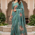 Elegant Teal Blue Floral Printed Linen Silk Saree