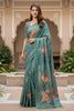 Elegant Teal Blue Floral Printed Linen Silk Saree