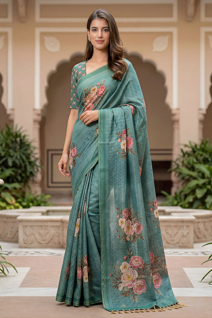 Elegant Teal Blue Floral Printed Linen Silk Saree