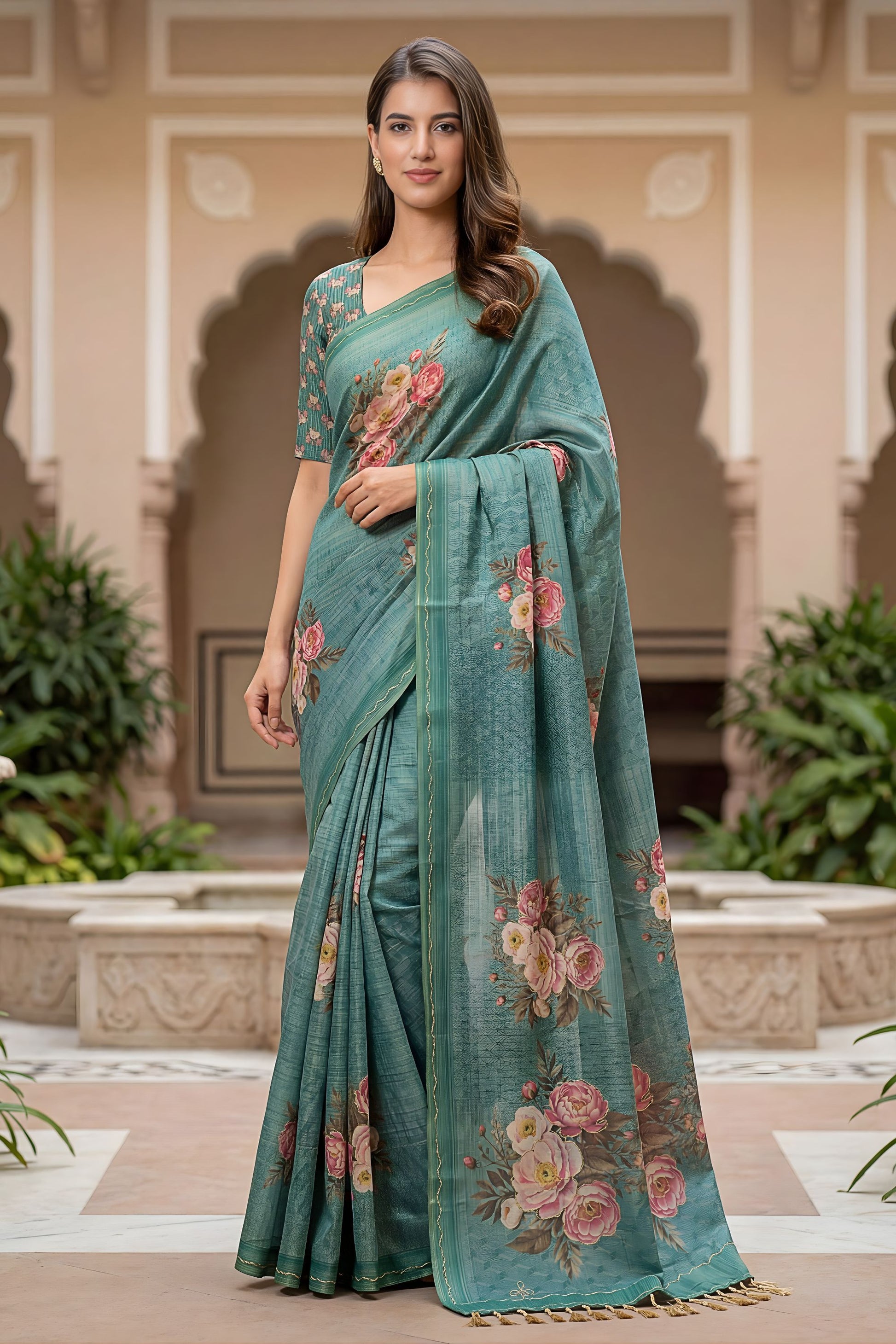 Elegant Teal Blue Floral Printed Linen Silk Saree