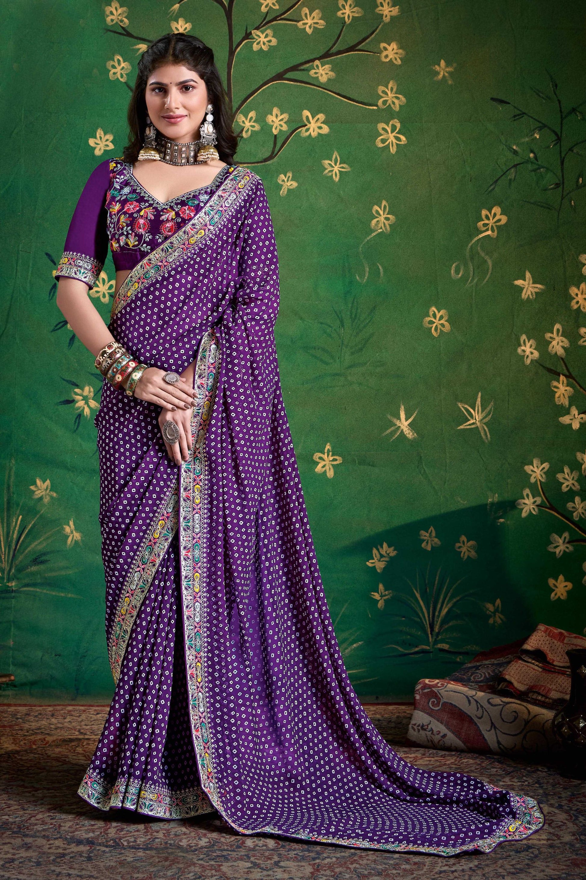Purple Bandhani Saree with Heavy Border Designer Blouse