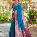Teal Blue Silk Saree with Pink Border Multicolor Peacock Zari Weaving Work