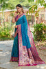 Teal Blue Silk Saree with Pink Border Multicolor Peacock Zari Weaving Work