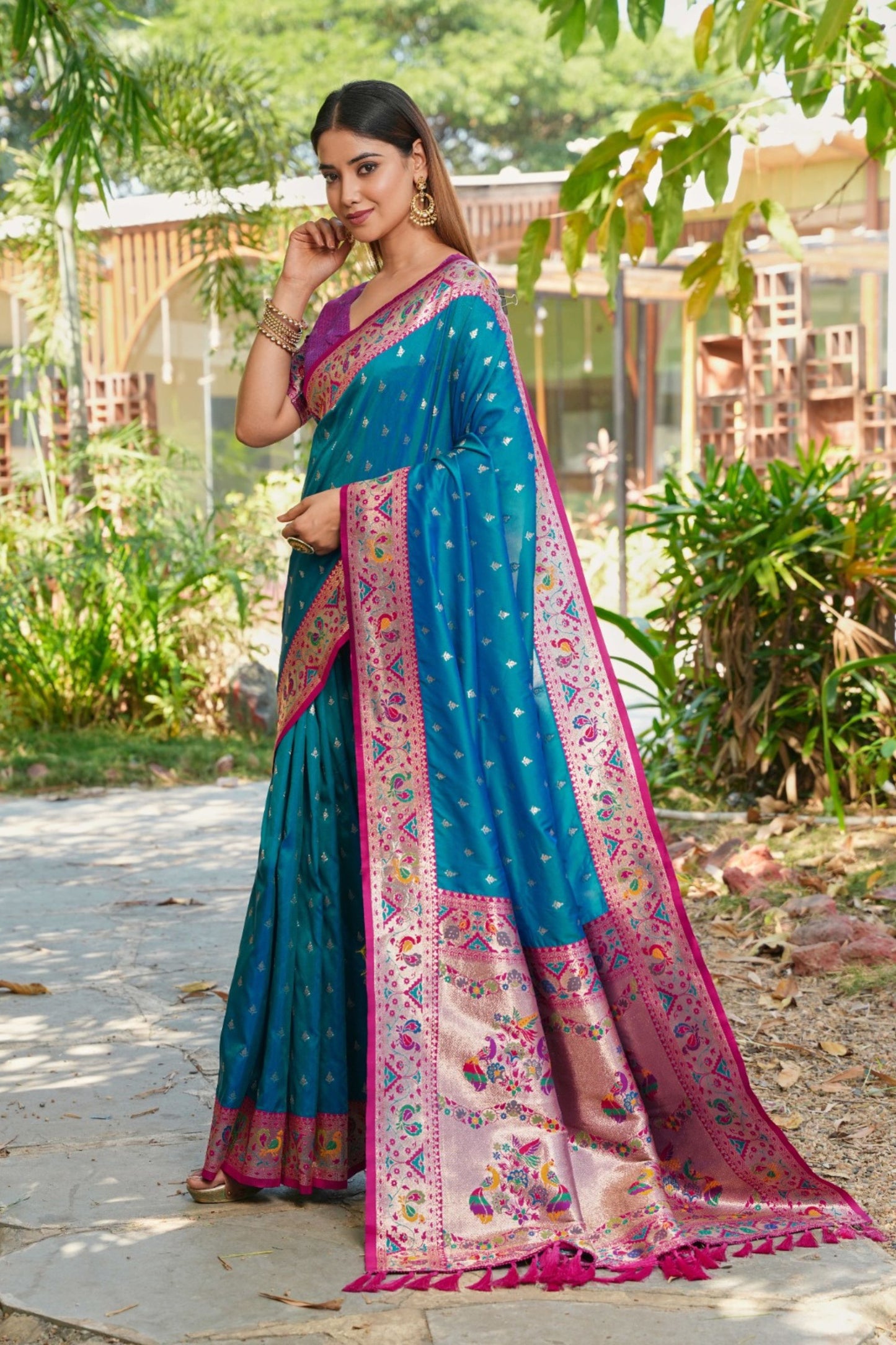 Teal Blue Silk Saree with Pink Border Multicolor Peacock Zari Weaving Work