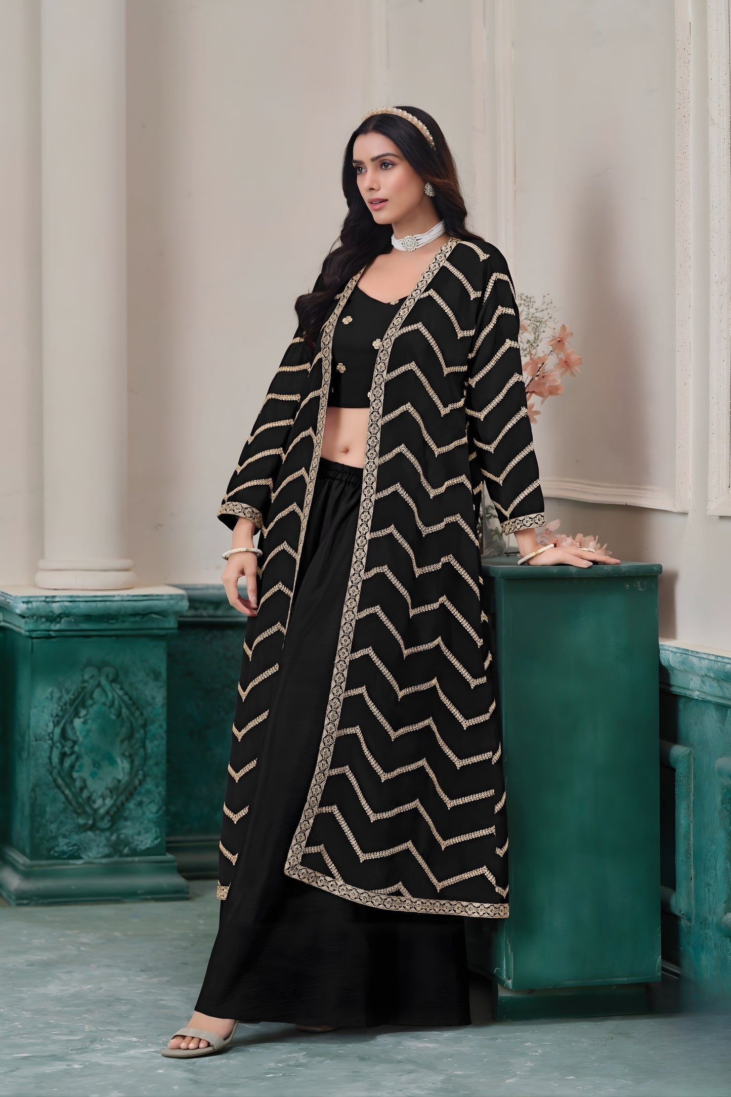 Elegant Black Chinon Palazzo Suit with Embroidered Long Jacket for Party Wear