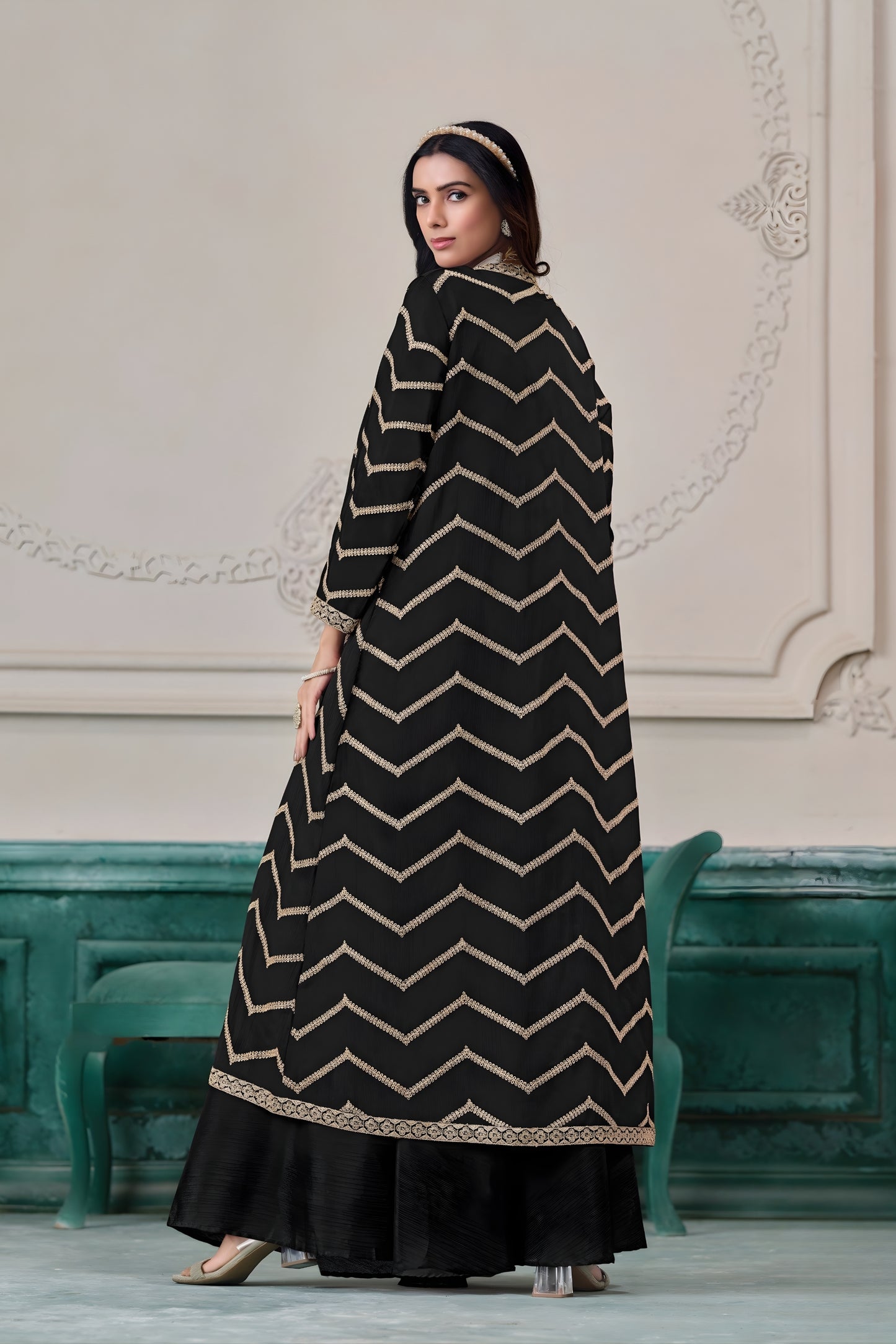 Elegant Black Chinon Palazzo Suit with Embroidered Long Jacket for Party Wear