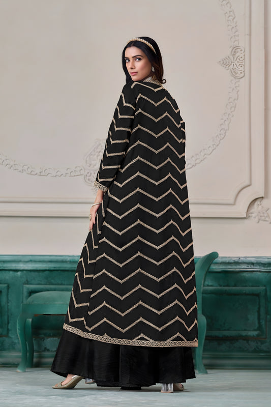 Elegant Black Chinon Palazzo Suit with Embroidered Long Jacket for Party Wear