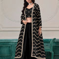 Elegant Black Chinon Palazzo Suit with Embroidered Long Jacket for Party Wear