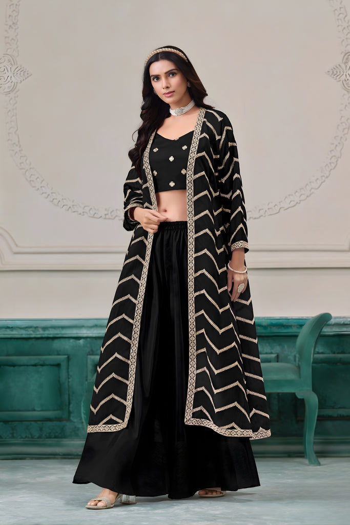 Elegant Black Chinon Palazzo Suit with Embroidered Long Jacket for Party Wear