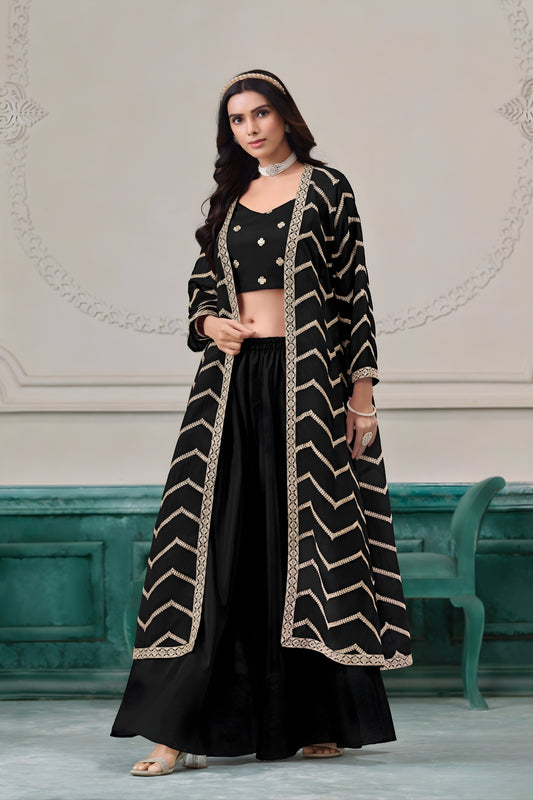 Elegant Black Chinon Palazzo Suit with Embroidered Long Jacket for Party Wear