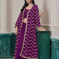 Stylish Purple Chinon Palazzo Suit with Embroidered Long Jacket for Party Wear