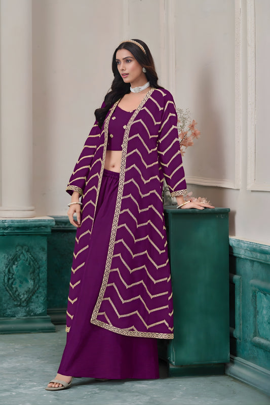 Stylish Purple Chinon Palazzo Suit with Embroidered Long Jacket for Party Wear