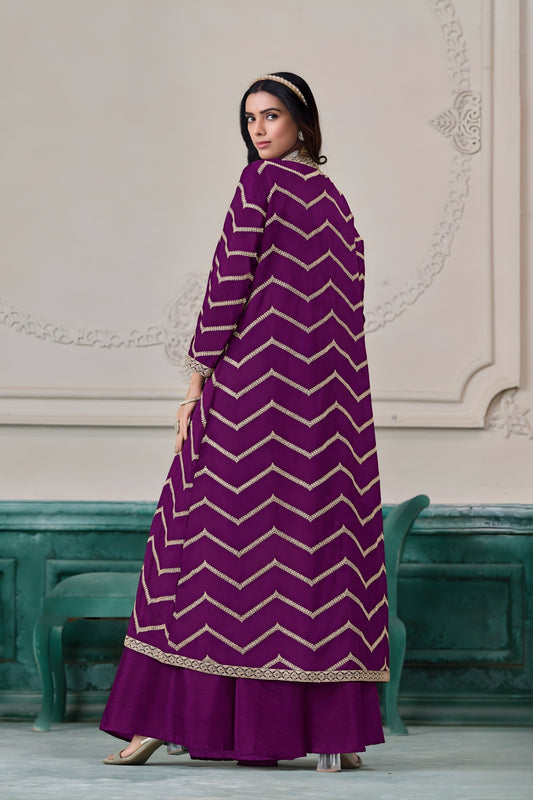 Stylish Purple Chinon Palazzo Suit with Embroidered Long Jacket for Party Wear