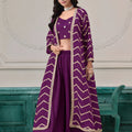 Stylish Purple Chinon Palazzo Suit with Embroidered Long Jacket for Party Wear