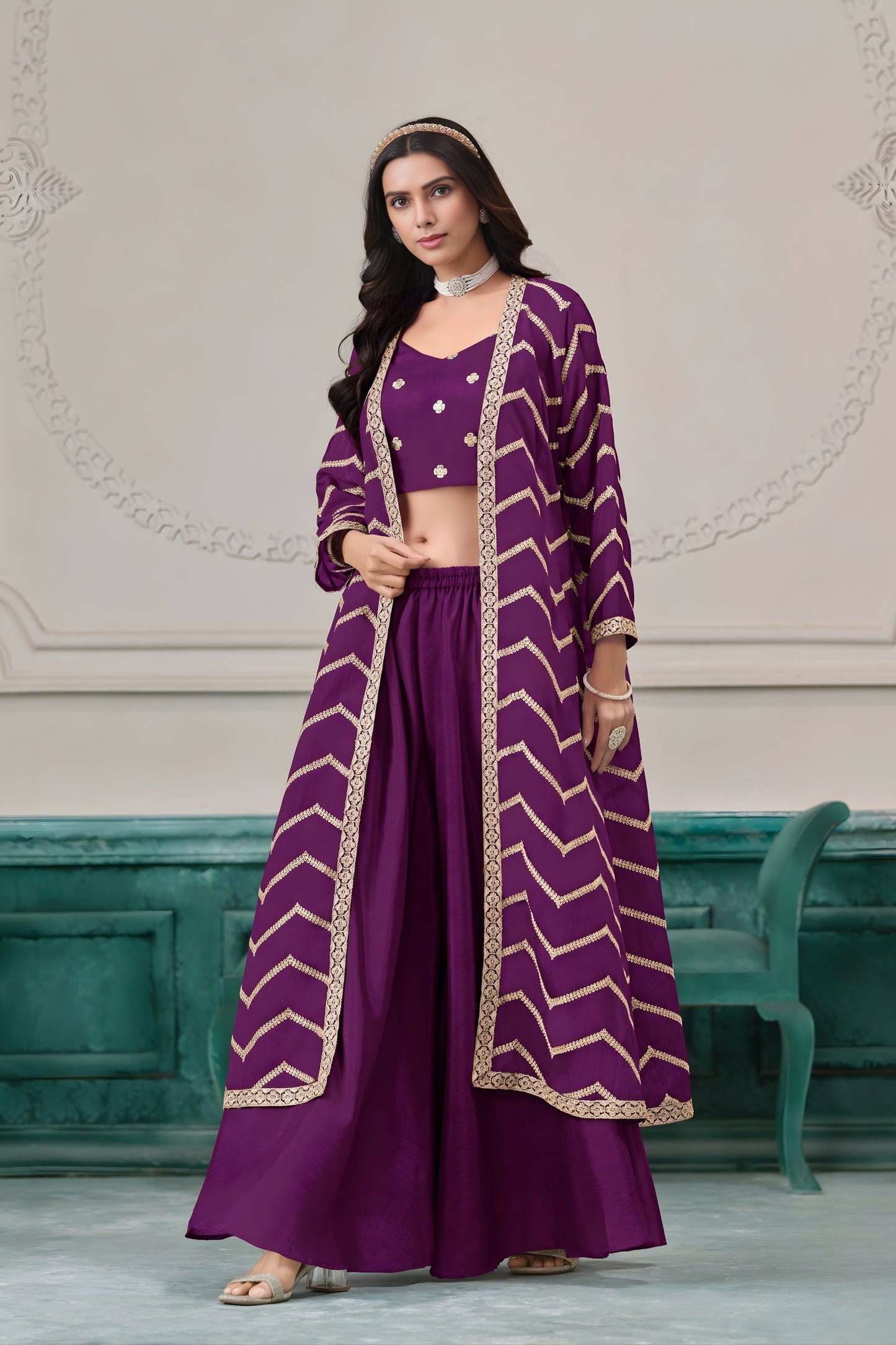 Stylish Purple Chinon Palazzo Suit with Embroidered Long Jacket for Party Wear