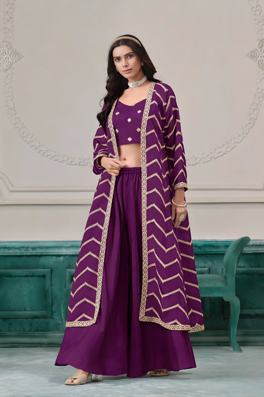 Stylish Purple Chinon Palazzo Suit with Embroidered Long Jacket for Party Wear