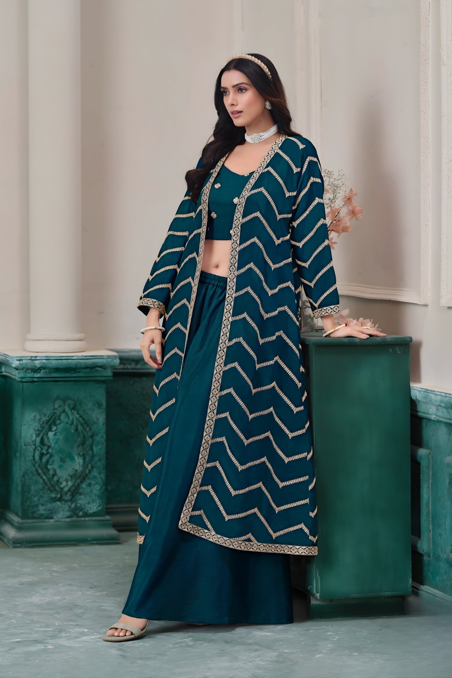 Superb Teal Blue Chinon Palazzo Suit with Embroidered Long Jacket for Party Wear