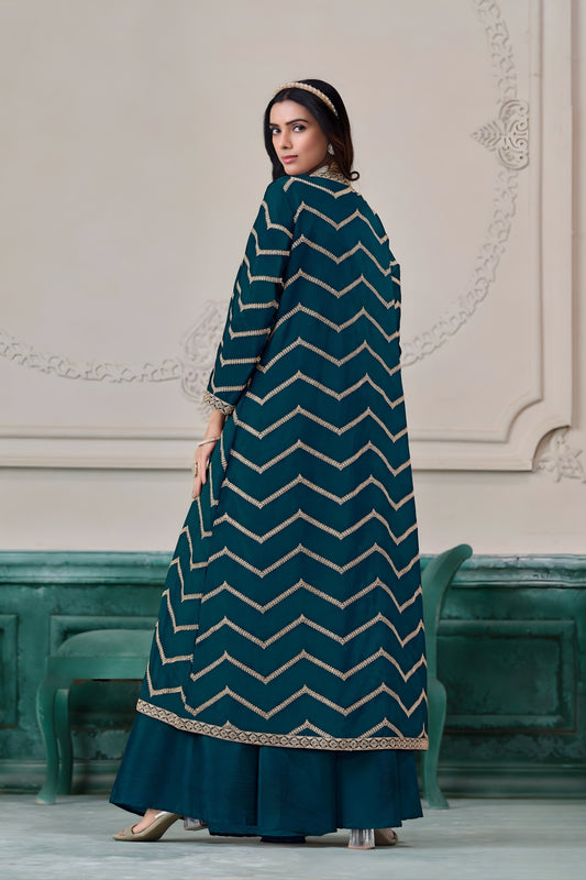 Superb Teal Blue Chinon Palazzo Suit with Embroidered Long Jacket for Party Wear