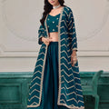 Superb Teal Blue Chinon Palazzo Suit with Embroidered Long Jacket for Party Wear
