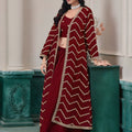 Trendy Maroon Chinon Palazzo Suit with Embroidered Long Jacket for Party Wear