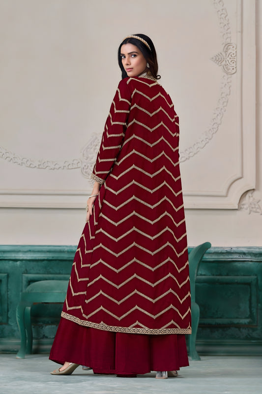 Trendy Maroon Chinon Palazzo Suit with Embroidered Long Jacket for Party Wear