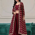 Trendy Maroon Chinon Palazzo Suit with Embroidered Long Jacket for Party Wear