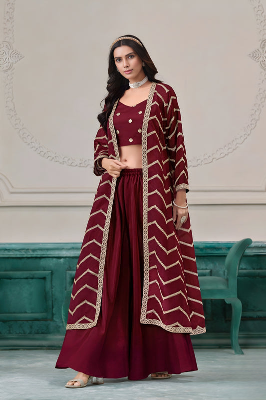 Trendy Maroon Chinon Palazzo Suit with Embroidered Long Jacket for Party Wear
