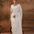 Elegant White Net Designer Saree Heavy Embroidery Work for Women