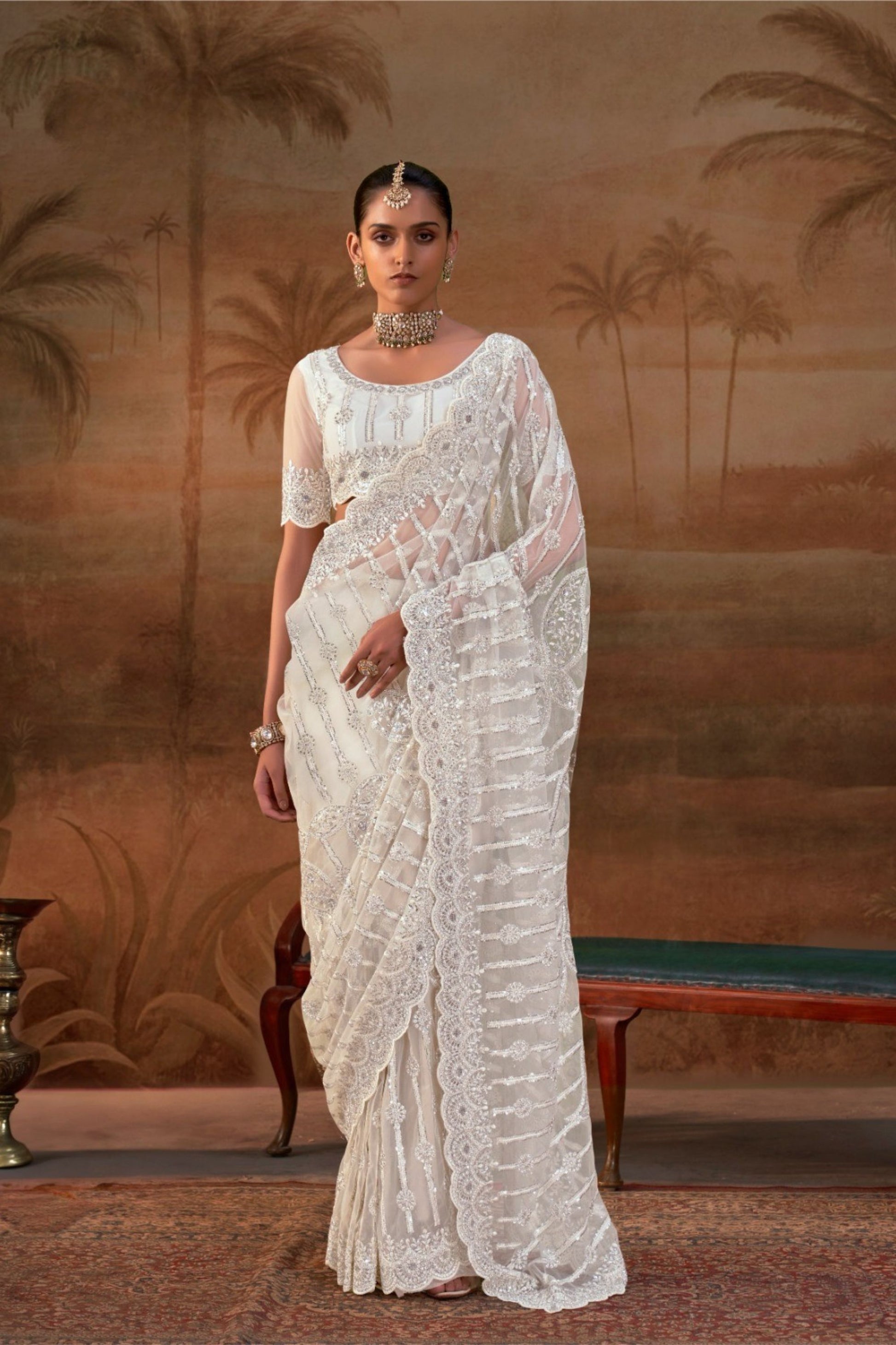 Elegant White Net Designer Saree Heavy Embroidery Work for Women