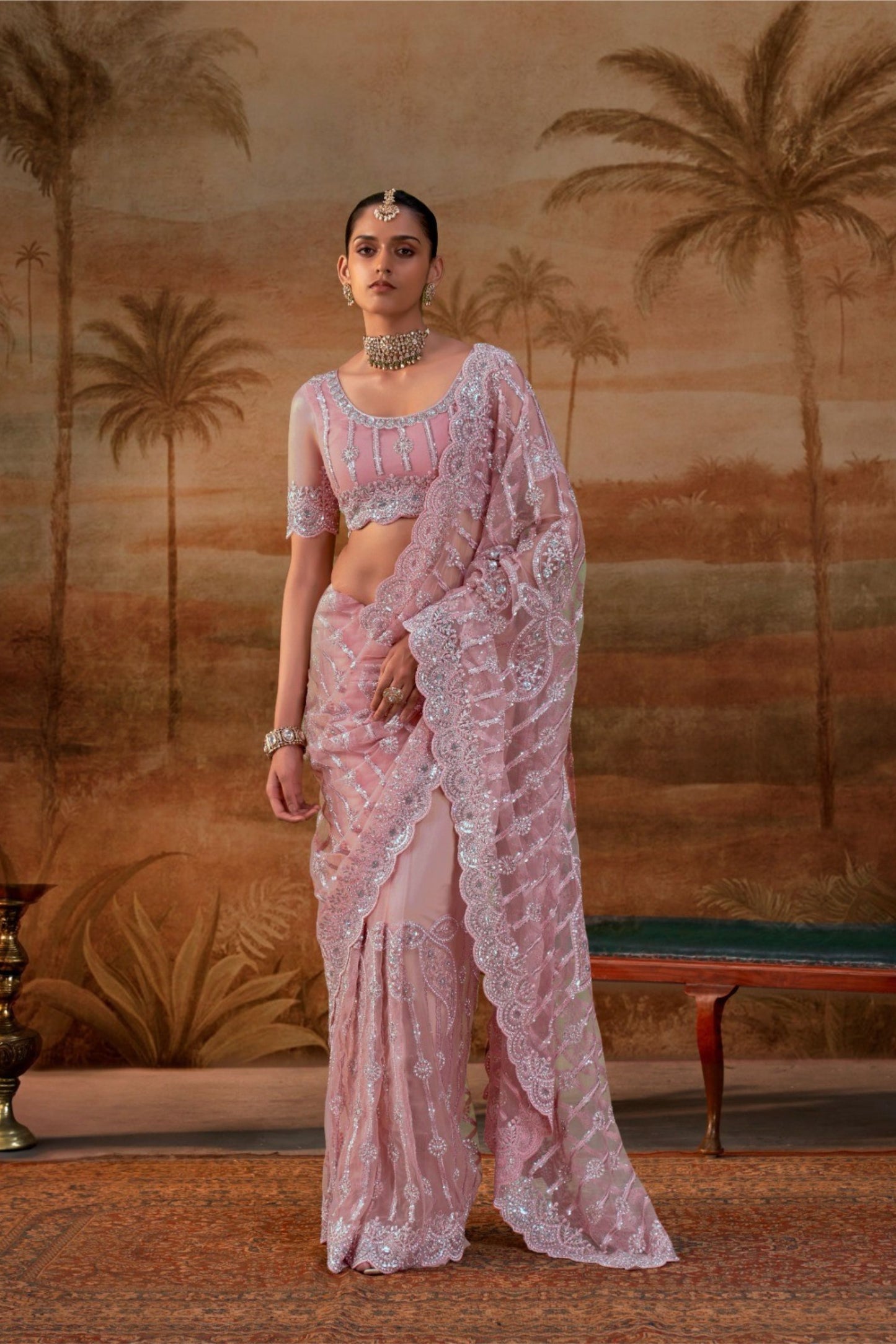 Beautiful Pink Net Designer Saree Heavy Embroidery Work for Women